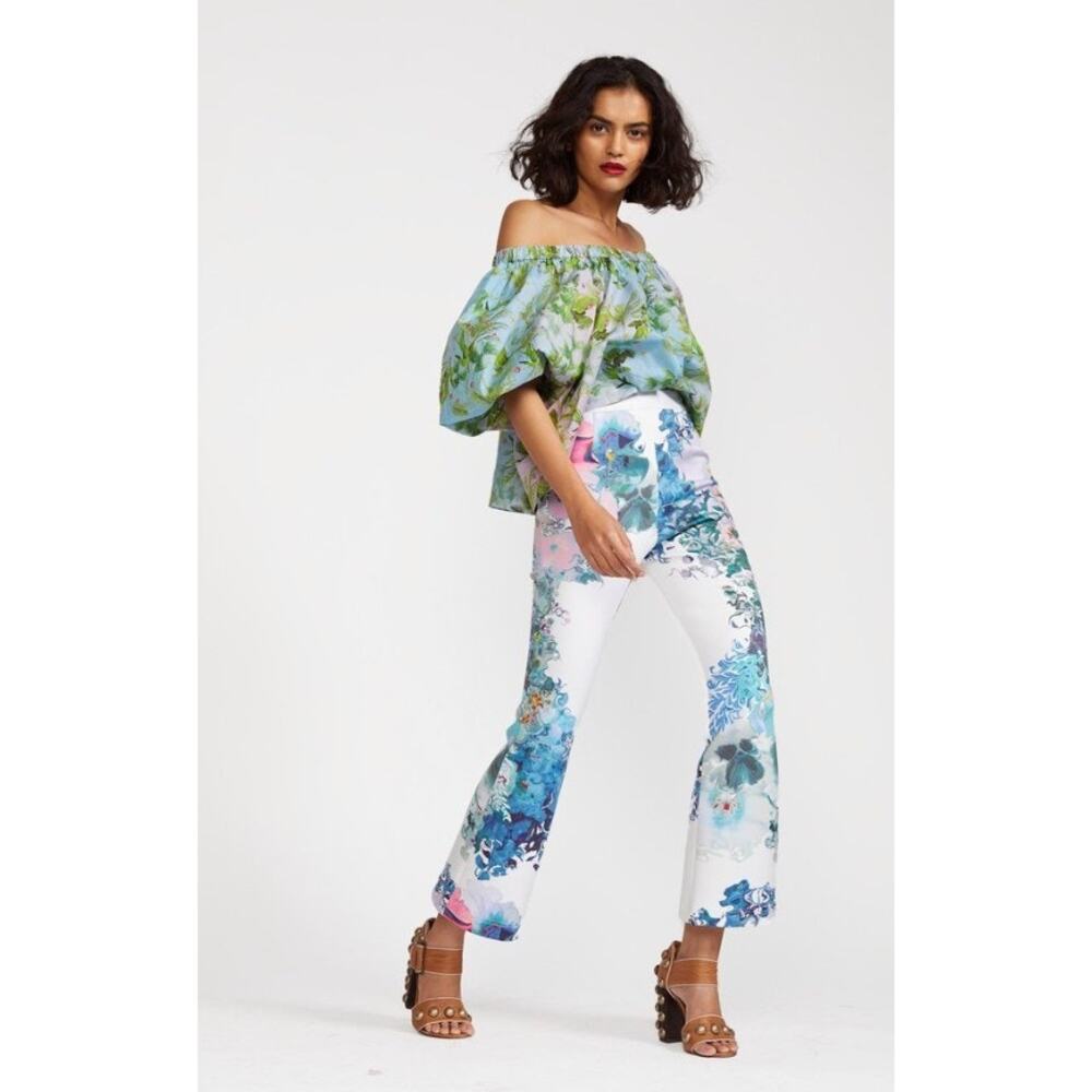 CYNTHIA ROWLEY rare vibrant bright marble bonded high waist flare pant pants